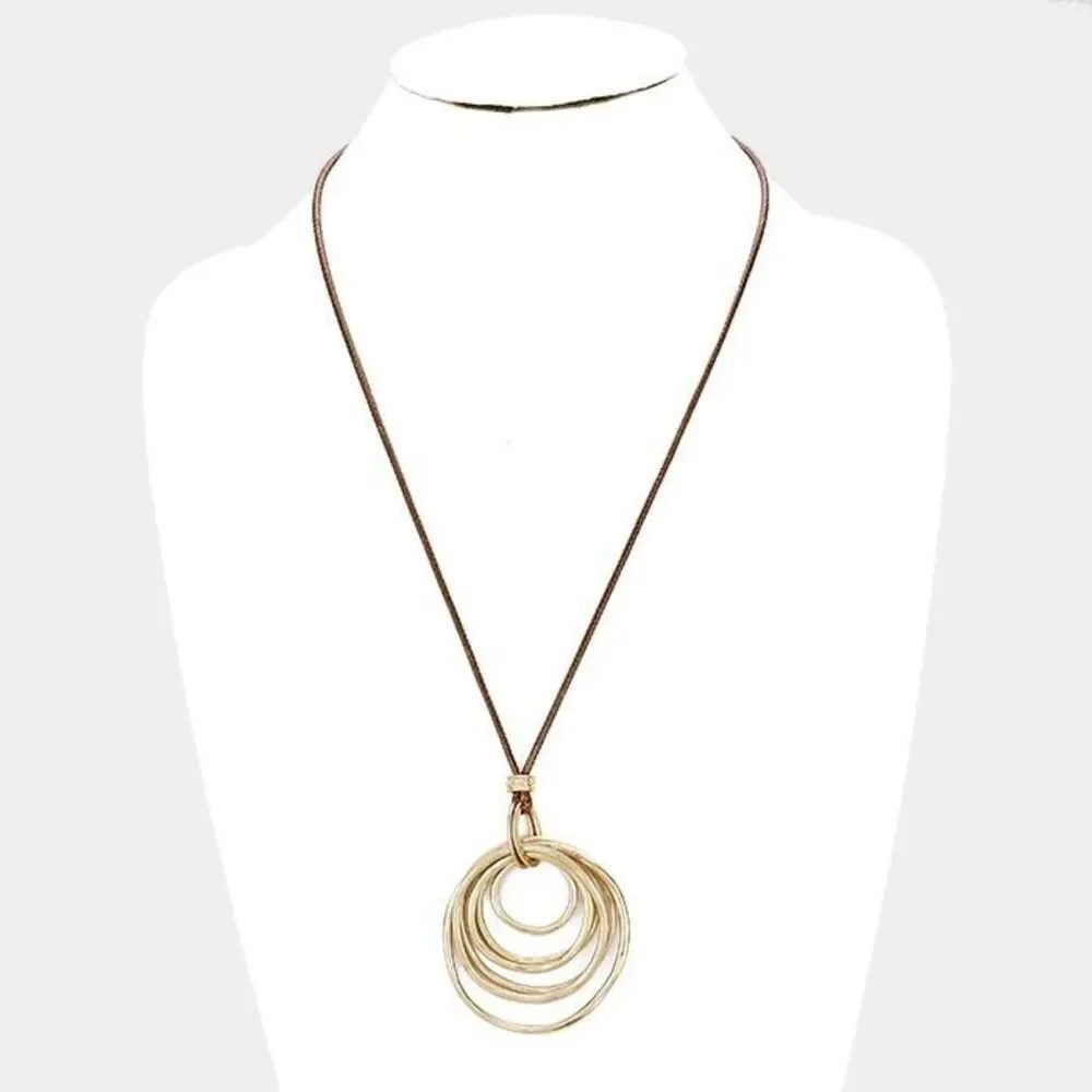 New Womens Boutique Worn Gold Layered Metal Hoop Pendant Long Necklace - Picture 1 of 2